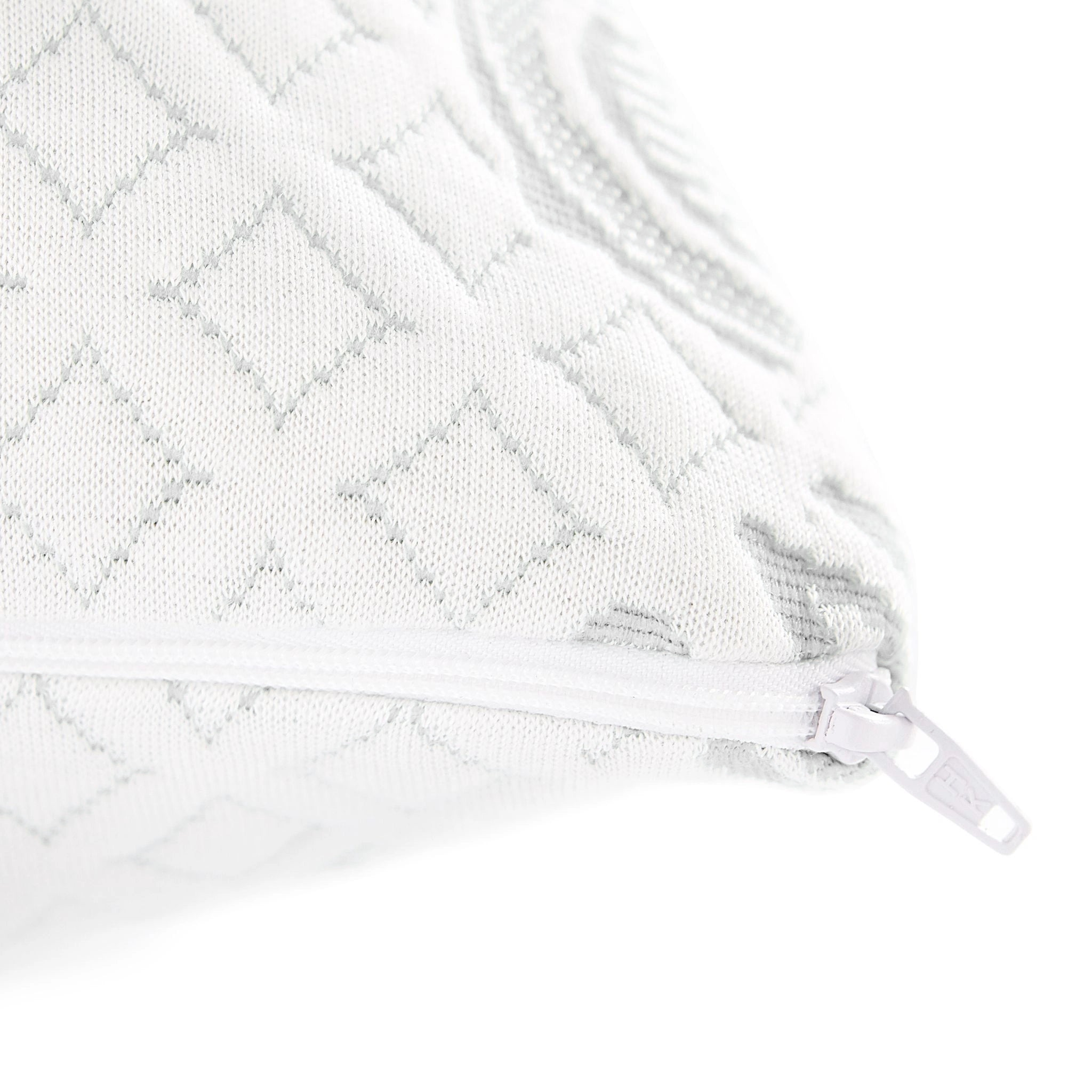 White adjustable Bamboo is Better cooling bamboo pillow with zipper, showing its ergonomic shape and soft fabric surface.