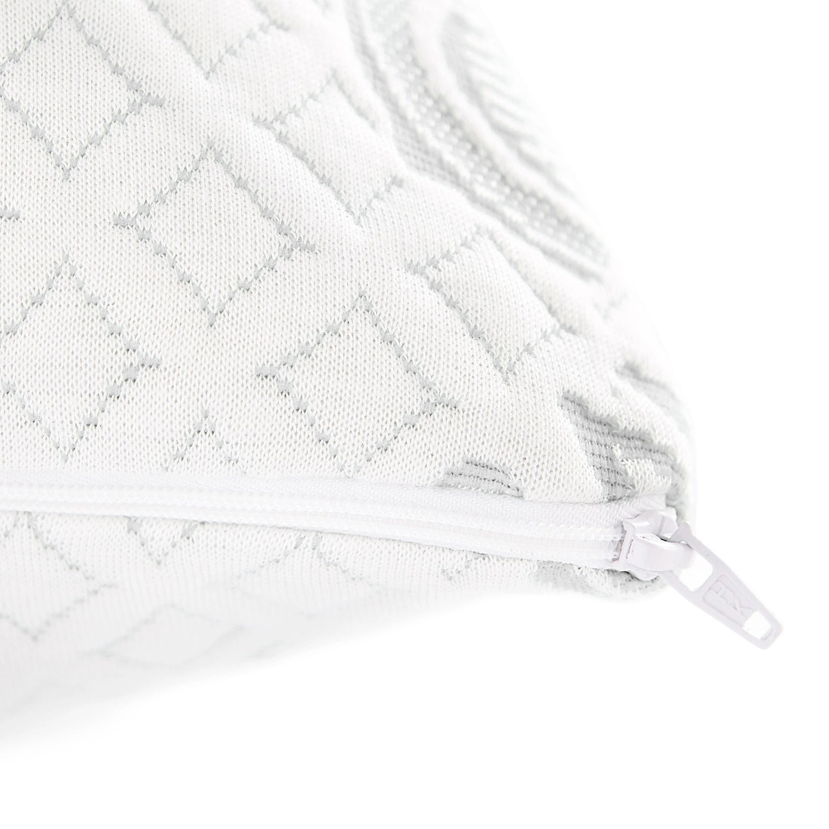 White adjustable Bamboo is Better cooling bamboo pillow with zipper, showing its ergonomic shape and soft fabric surface.
