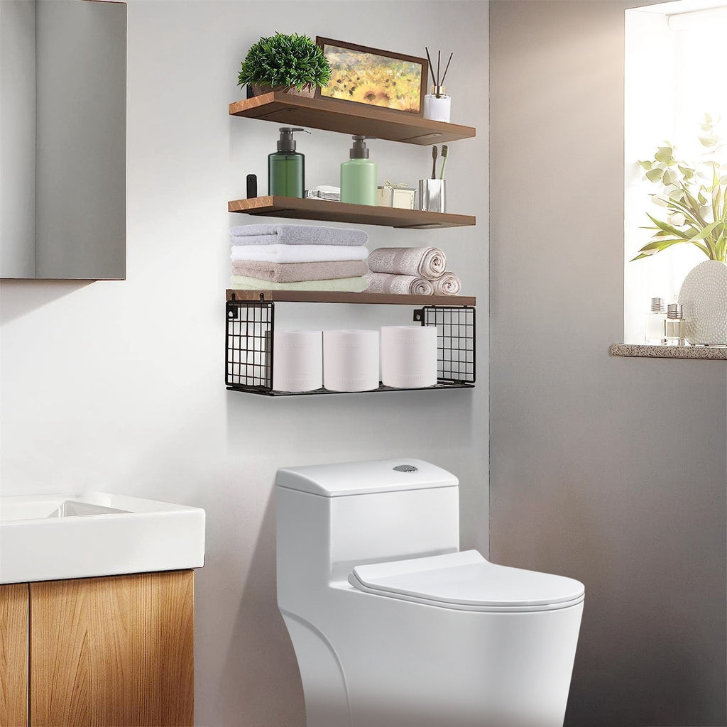 2 In 1 Wall Mounted Floating Shelves With Storage Basket
