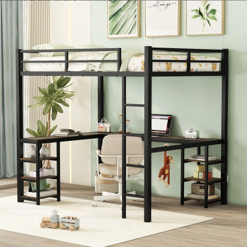 Full Metal Loft Bed With Desk Shelves And Ladder Guardrails