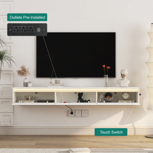 Floating Wall Mounted TV Stand With LED Lighting And Outlet