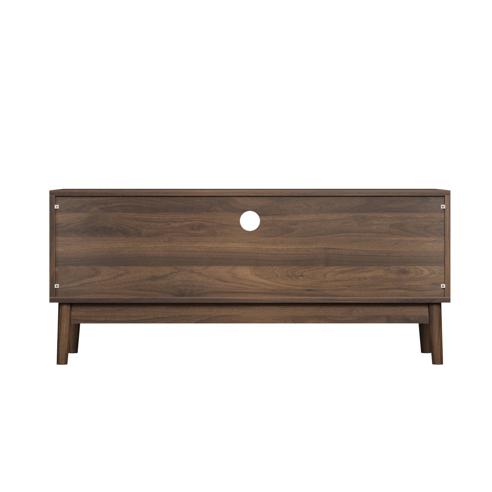 Walnut mid-century TV stand by Anthony & Home featuring sleek design and storage compartments for modern living rooms.