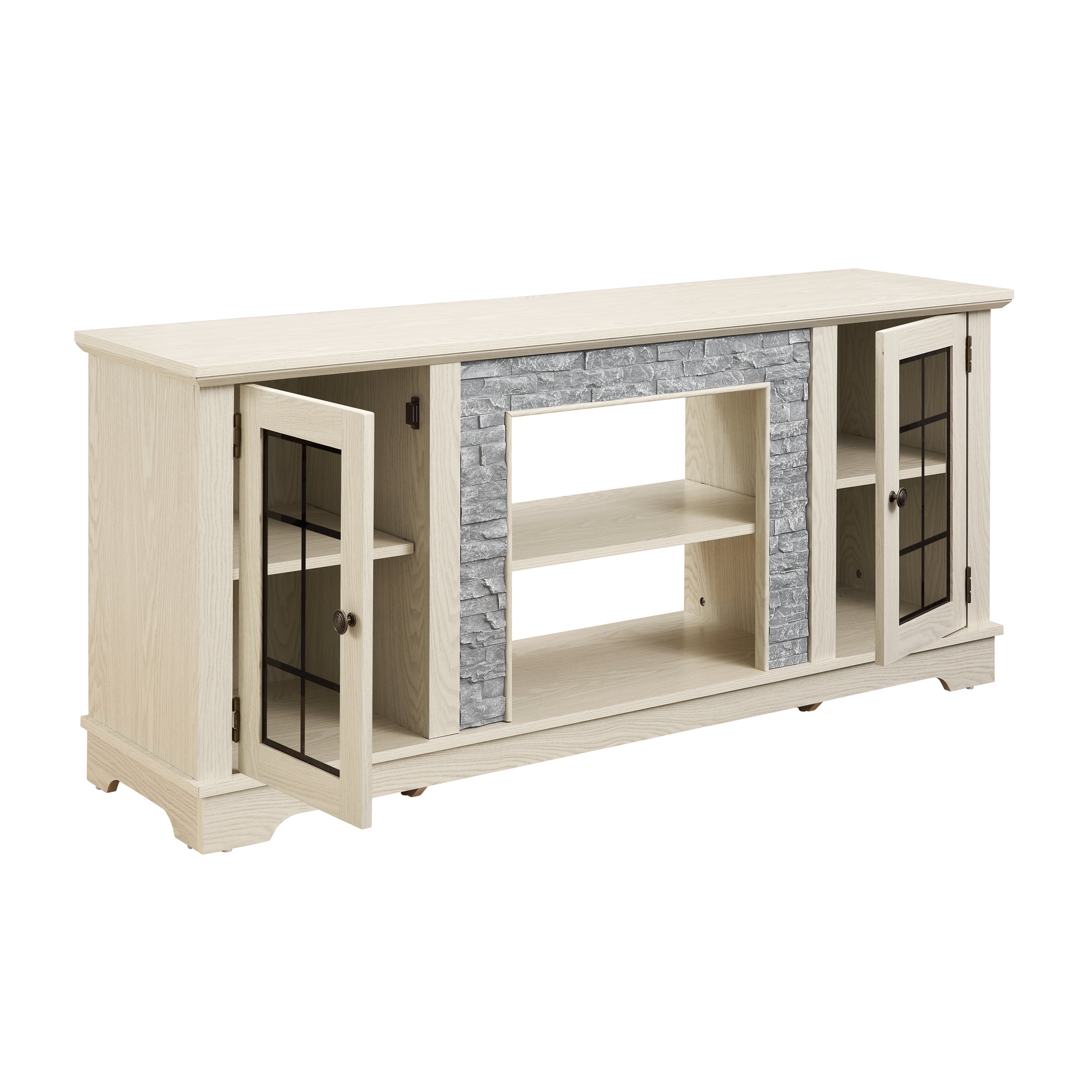 White 58-inch modern TV stand with faux stone finish, 2-door storage, perfect for living room entertainment from Anthony & Home.