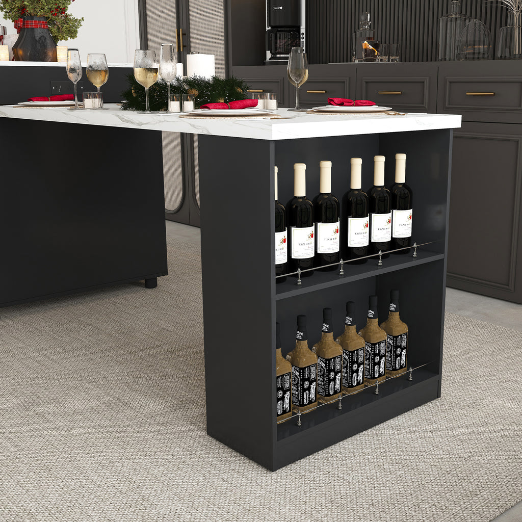 Black Expandable Kitchen Island with Marble - Grain Countertop, Power Outlet, Mobile Storage Cart with Cabinet & 2 Drawers, 80 - Inch Dining Table - Anthony & Home