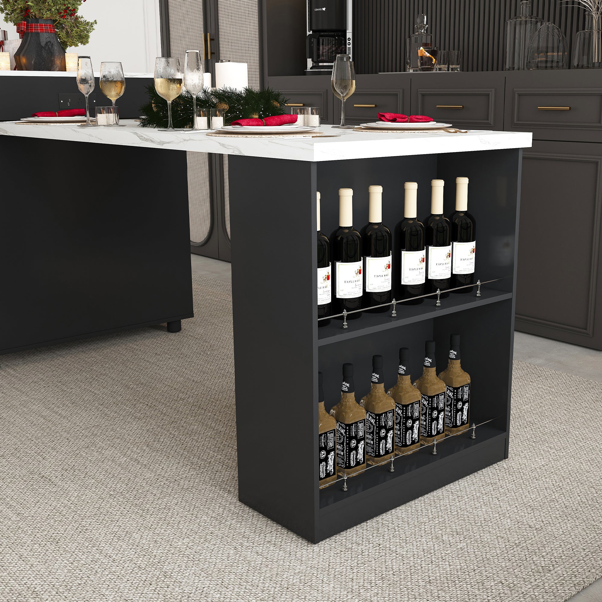 Black Expandable Kitchen Island with Marble - Grain Countertop, Power Outlet, Mobile Storage Cart with Cabinet & 2 Drawers, 80 - Inch Dining Table - Anthony & Home