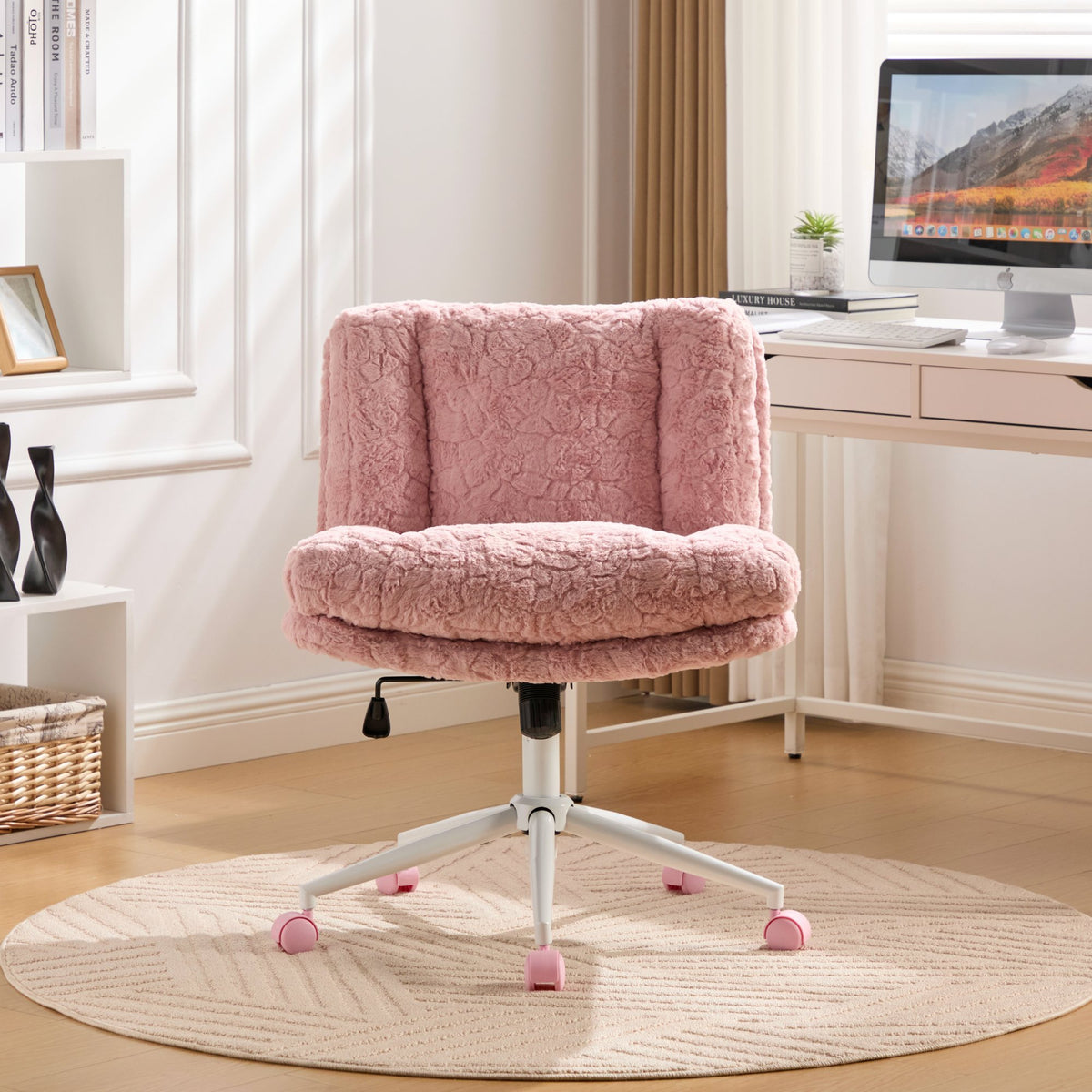Anthony & Home Studio Pink faux rabbit hair office chair with wide 26.4-inch seat and metal base, stylish and comfortable workspace seating