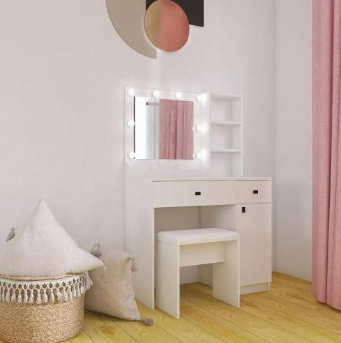 White Makeup Vanity Desk With Lights And Mirror