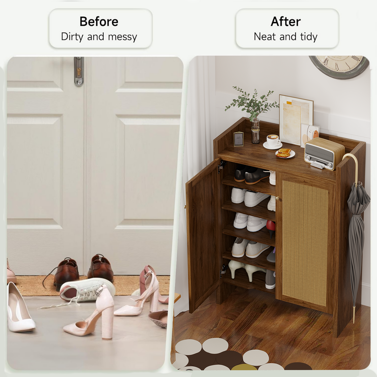 Walnut finish 6-tier shoe cabinet by Anthony & Home from the Signature Collection, freestanding entryway shoe organizer.
