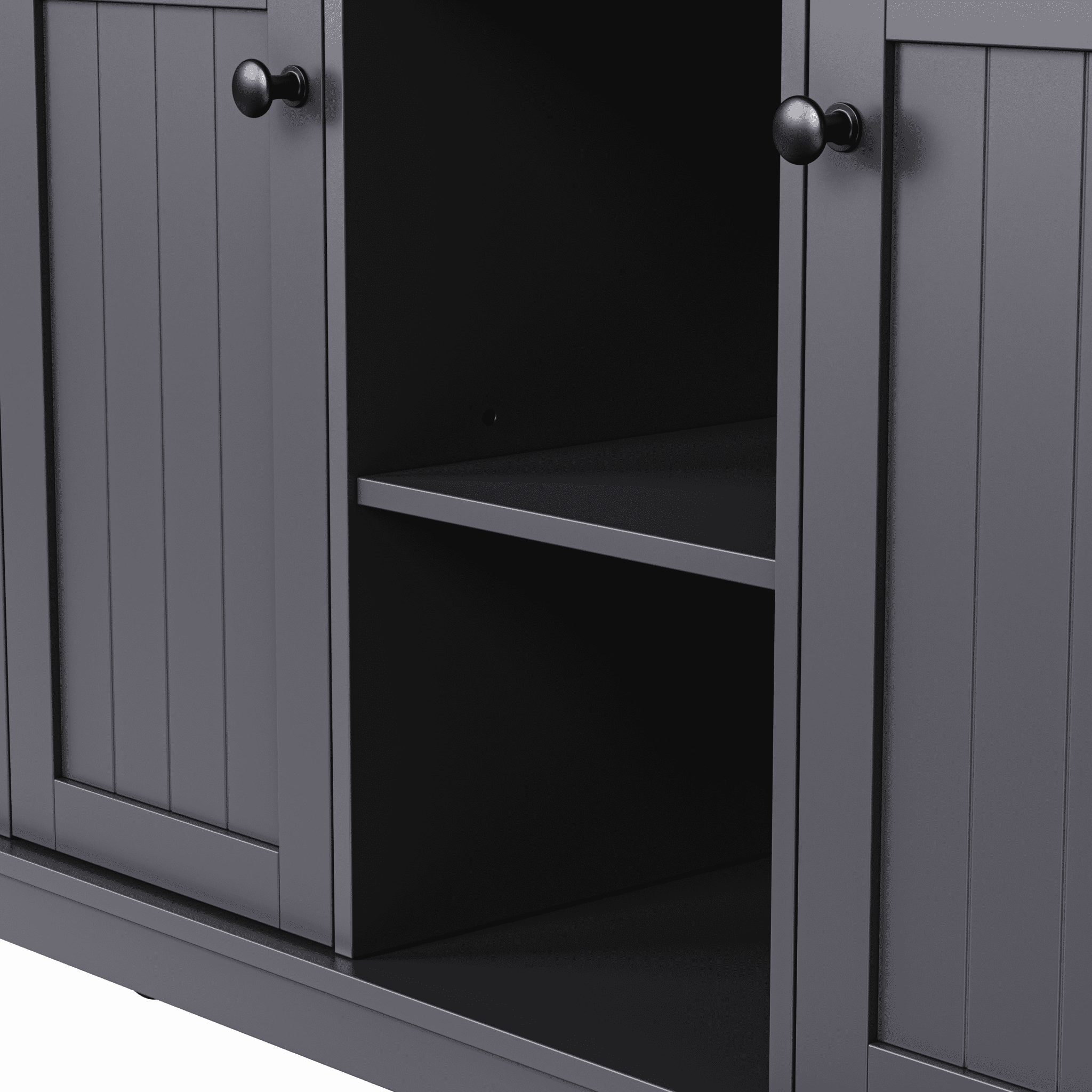 Matte black MDF kitchen island with power outlet and drop-leaf, 53-inch size, from Anthony & Home Studio Collection.
