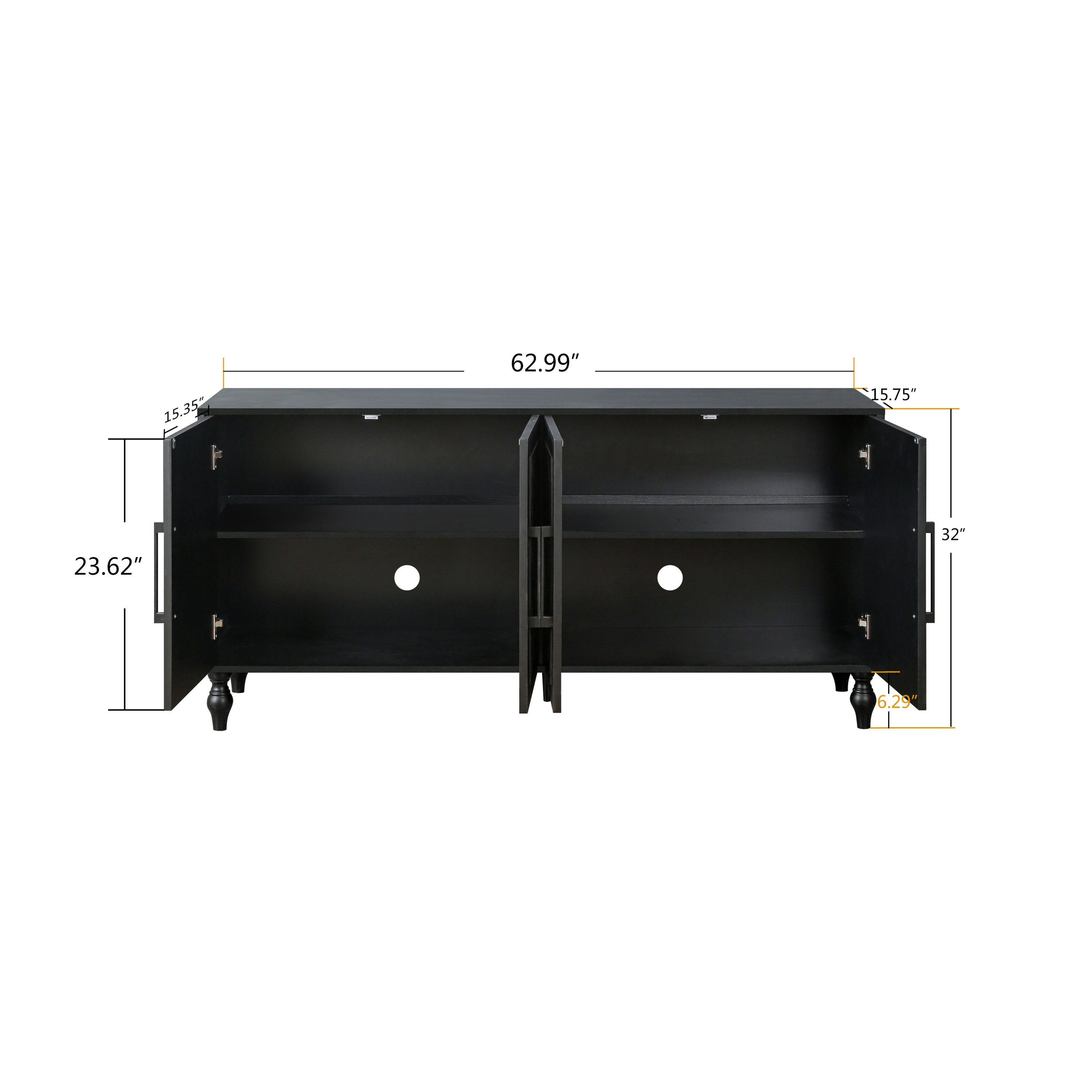 Black carved flower door storage cabinet with metal handle, suitable for living room, kitchen, or entryway from Anthony & Home.