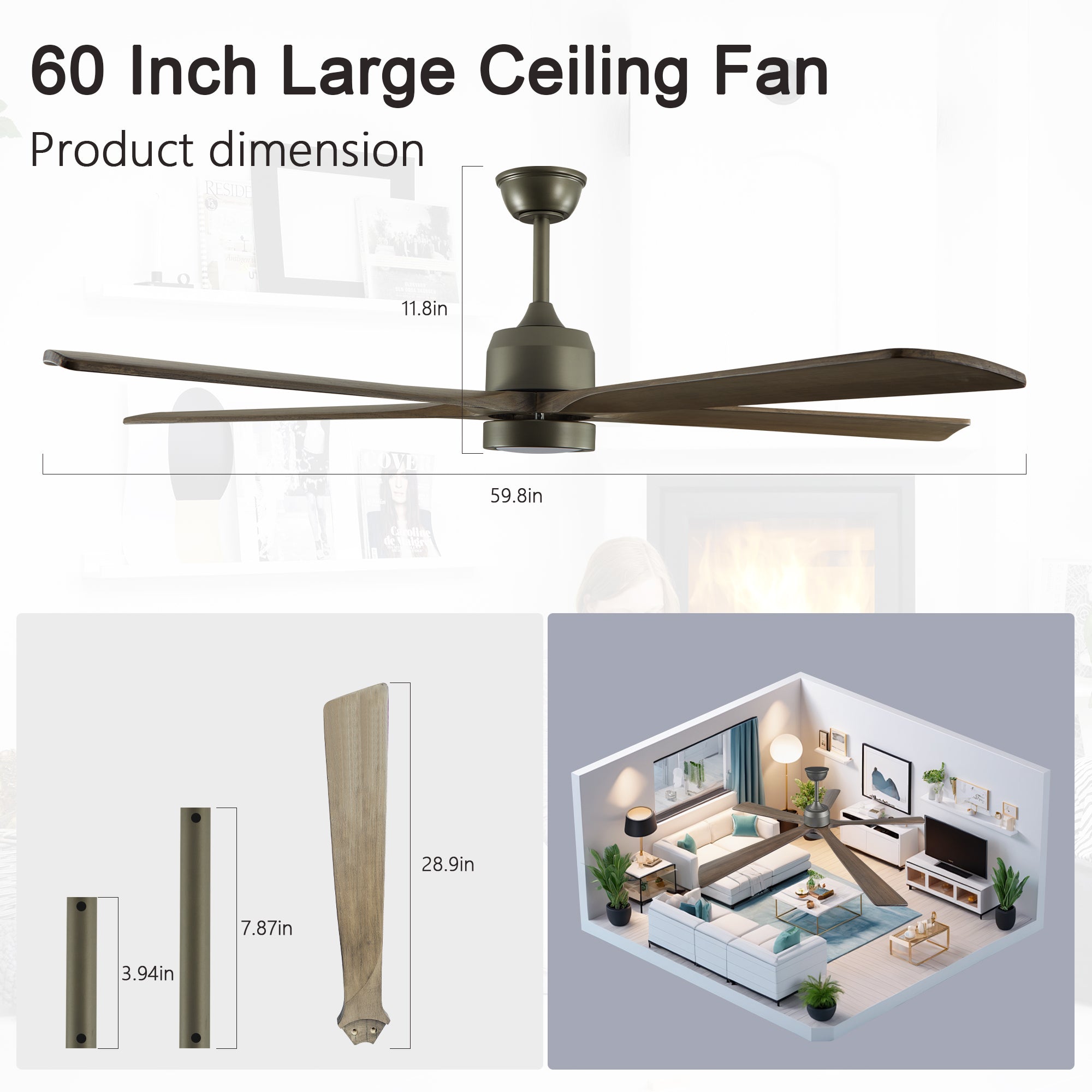 Solid wood 60-inch ceiling fan with light from Anthony & Home, featuring a modern design and wooden blades.