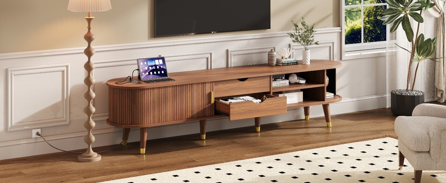 Walnut mid-century TV stand with sleek design, wooden finish, and open shelving for modern living room decor by Anthony & Home