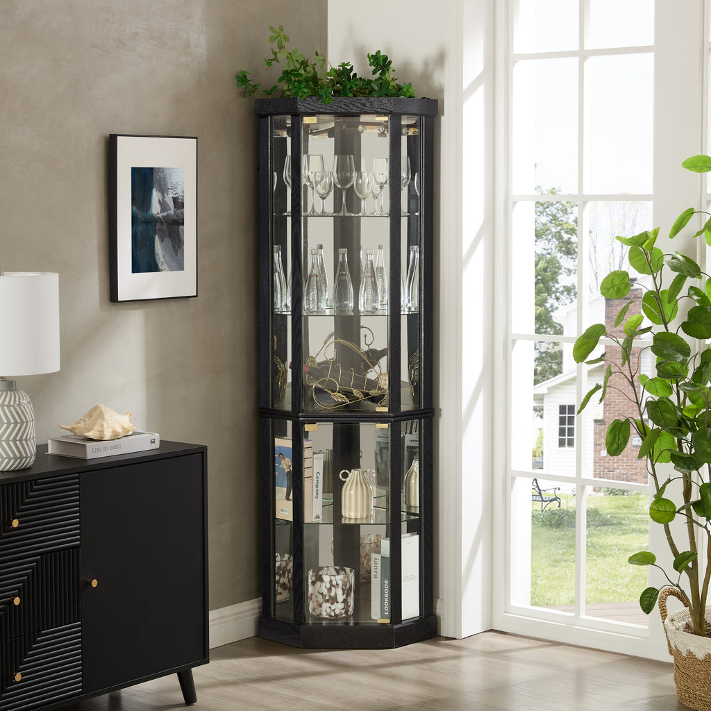 Heritage Anthony & Home lighted corner curio cabinet with glass display showcasing antiques and wine collection.
