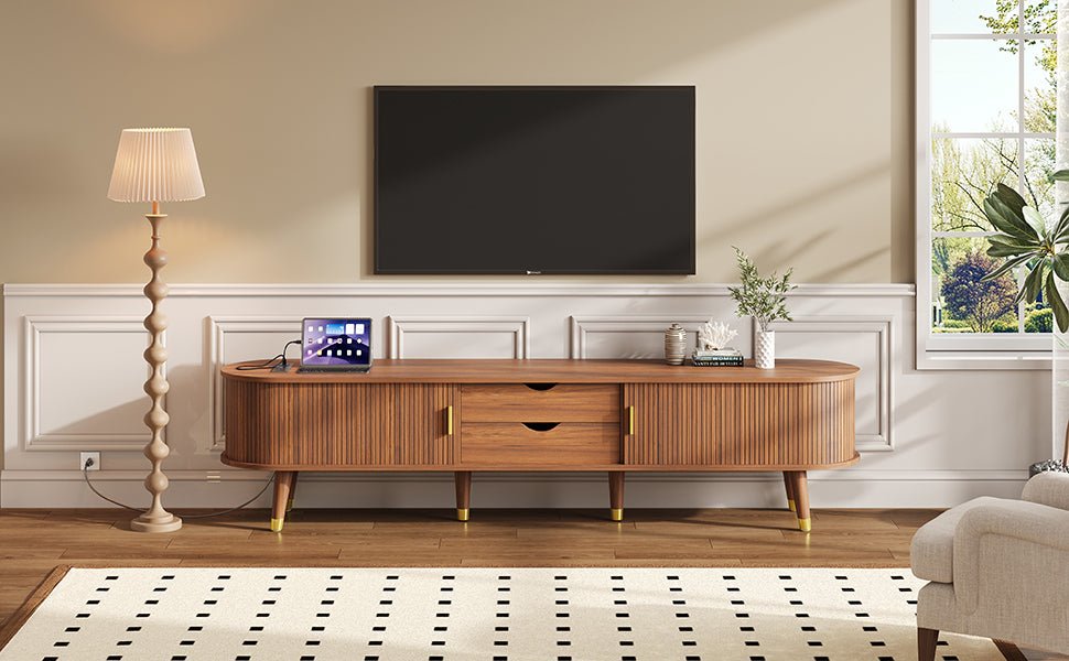 Walnut mid-century TV stand by Anthony & Home with sleek design and ample storage, perfect for modern living rooms.