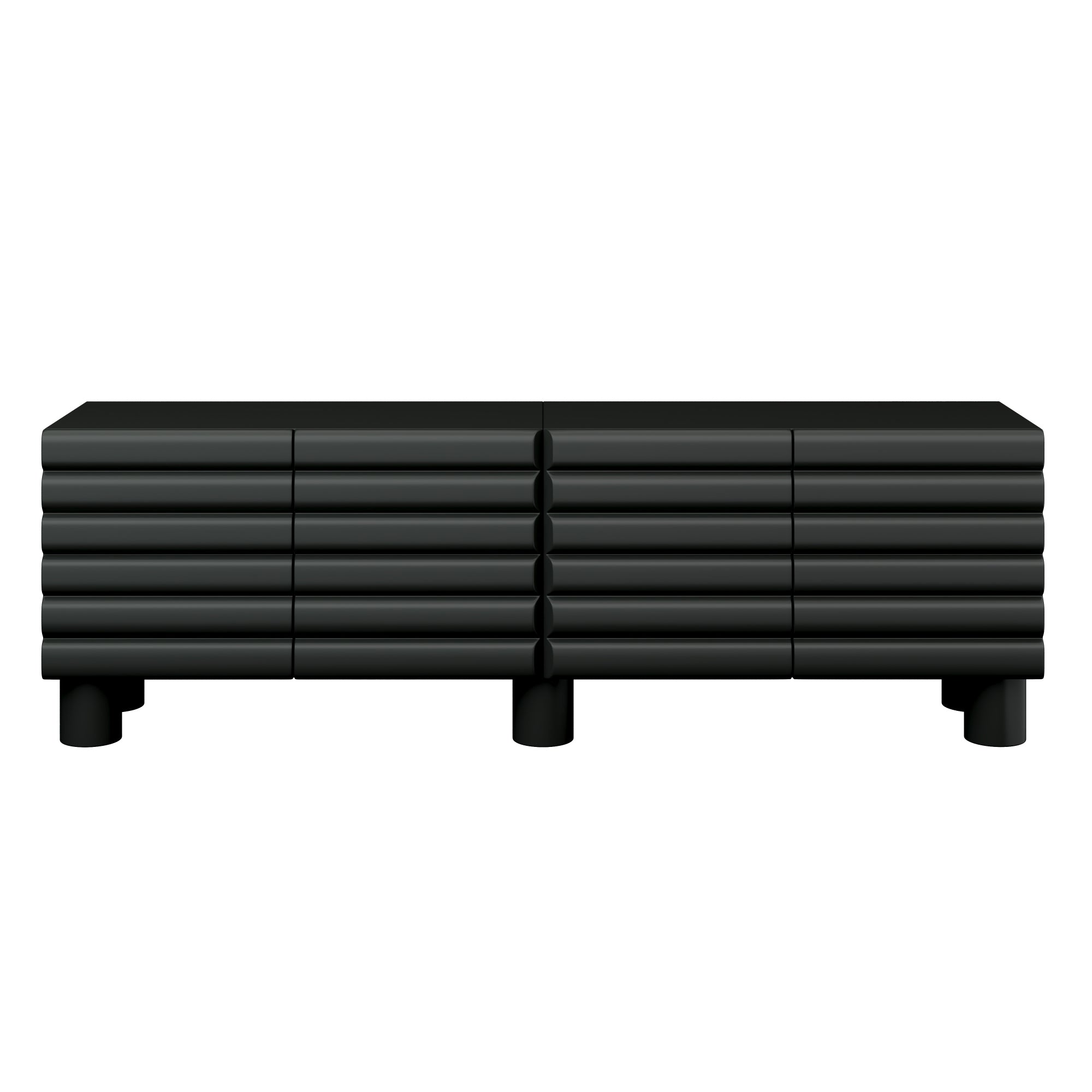 Anthony & Home matte black MDF media console with cylindrical legs, suited for TVs up to 75 inches.