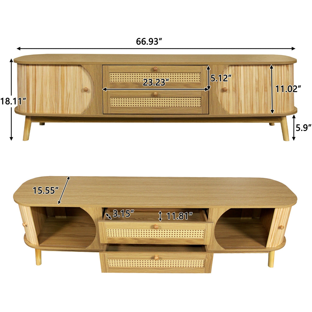 Rattan television console by Anthony & Home featuring a stylish, natural wood finish and open shelving for media storage