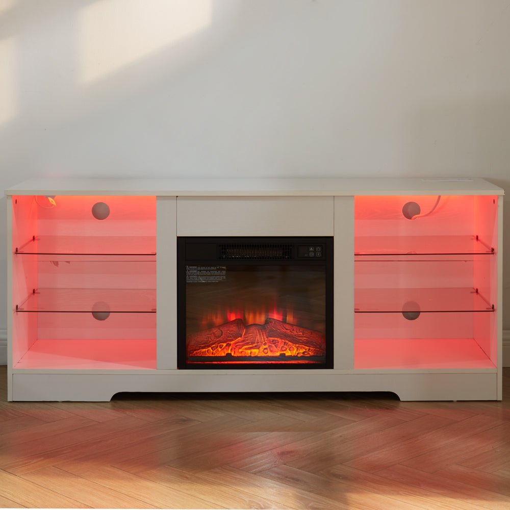 Anthony & Home electric fireplace TV stand with glass shelves, modern design, and built-in electric fireplace for cozy living rooms.