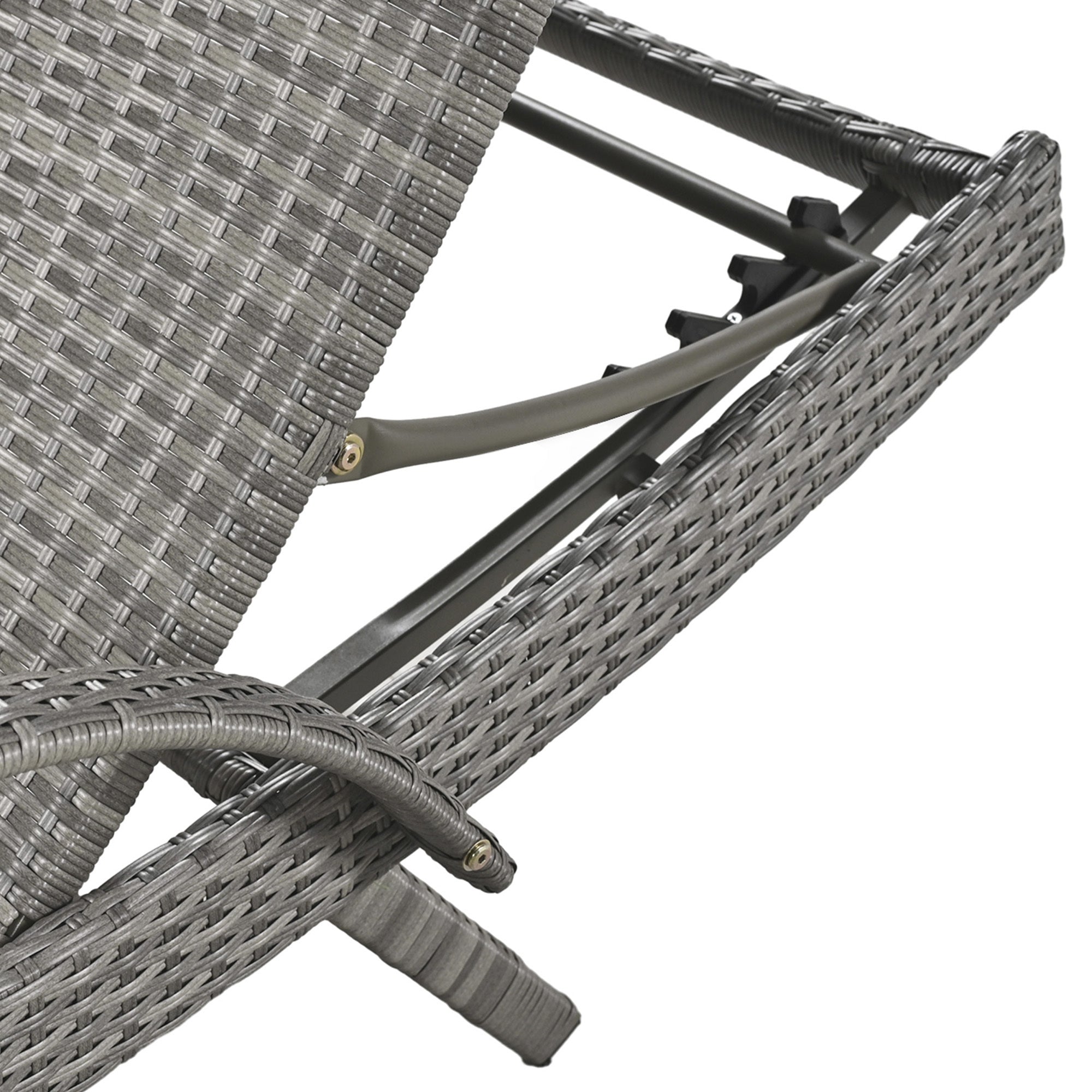 Pair of Anthony & Home grey outdoor wicker chaise lounge chairs with adjustable backs and pull-out side table, ideal for poolside relaxation.