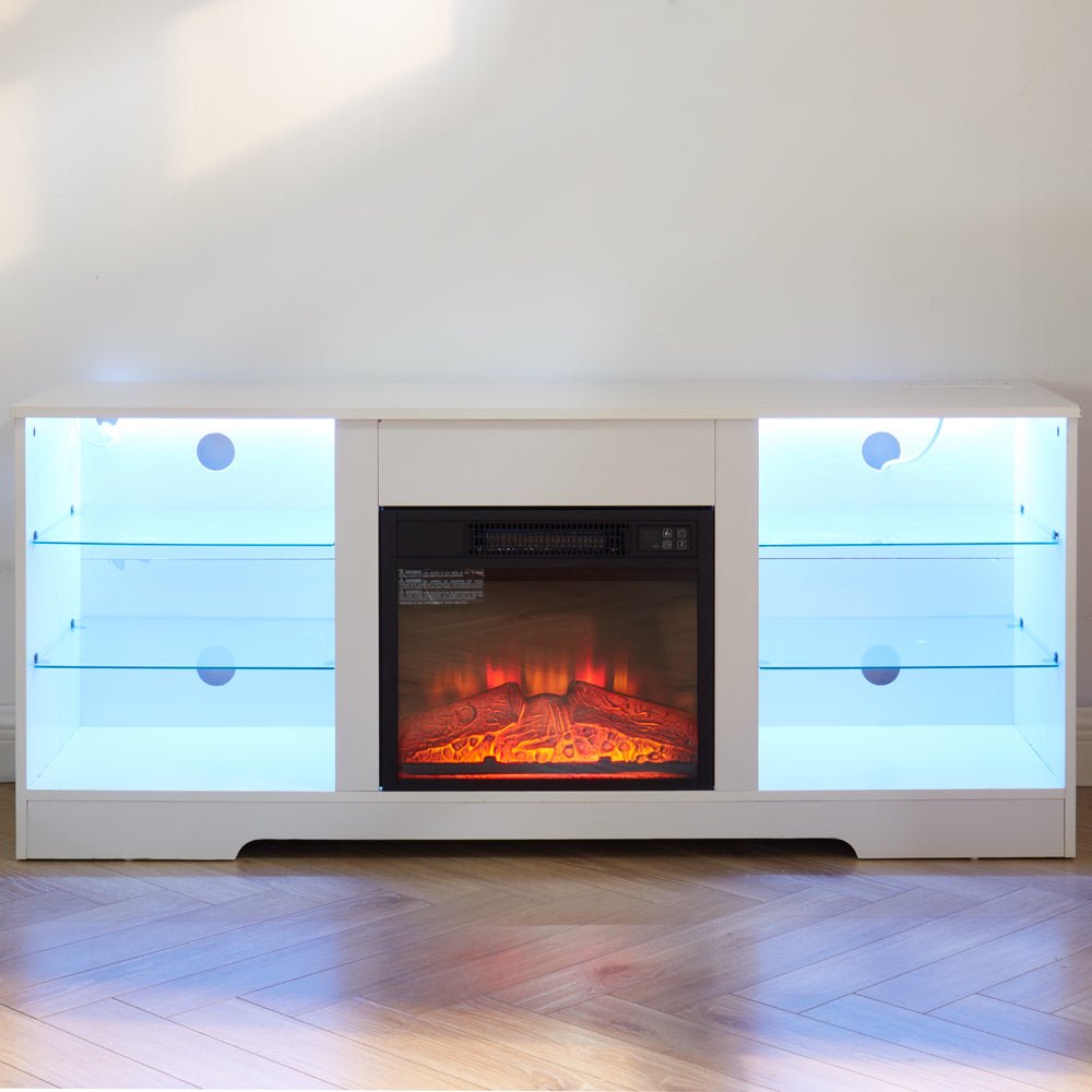 Anthony & Home electric fireplace TV stand with glass shelves, modern design, and built-in fireplace for cozy living rooms.