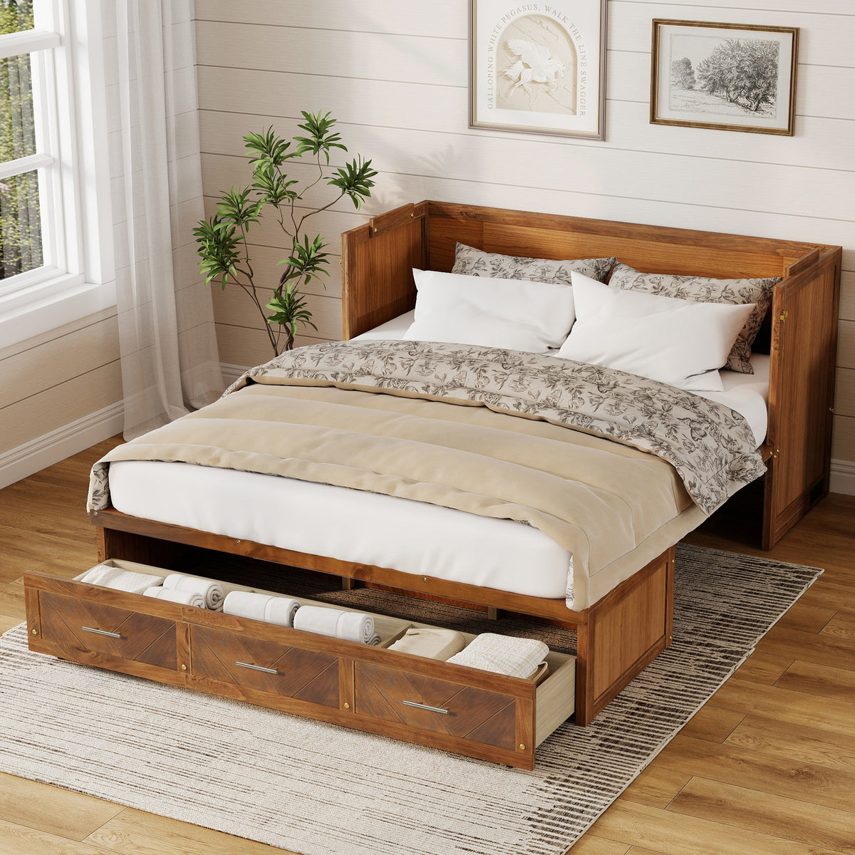 Queen size Walnut Murphy bed cabinet from Anthony & Home with USB charging and geometric panel design in a modern studio style.