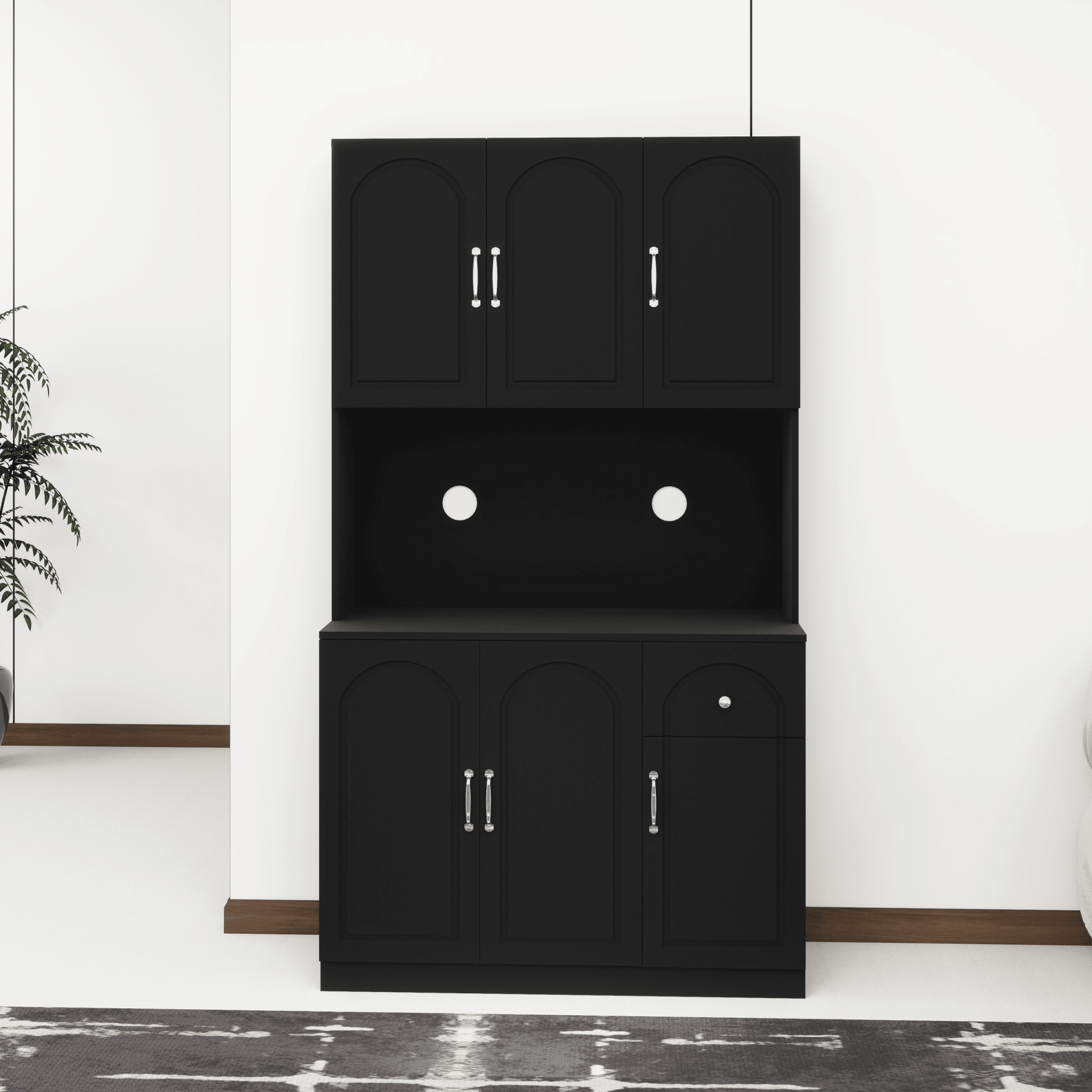 Anthony & Home 71-inch matte black kitchen pantry cabinet with microwave countertop, six-door hutch and one drawer for storage.