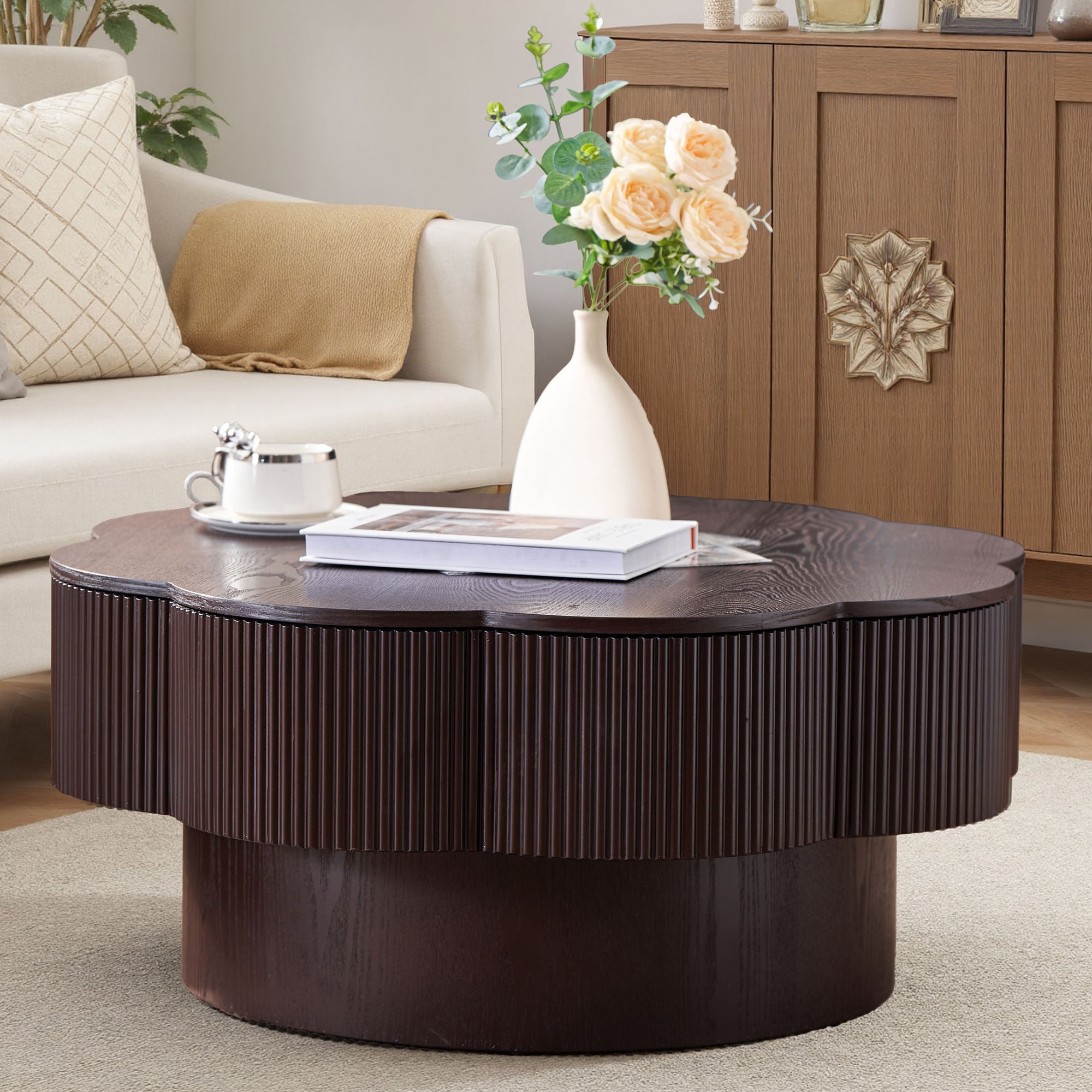 Dark brown wood veneer Plum Blossom coffee table by Anthony & Home featuring a stylish, contemporary design.