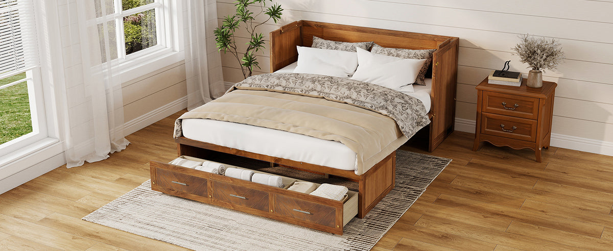 Queen size Walnut Murphy bed cabinet with USB charging and geometric panel from Anthony & Home Studio Collection.