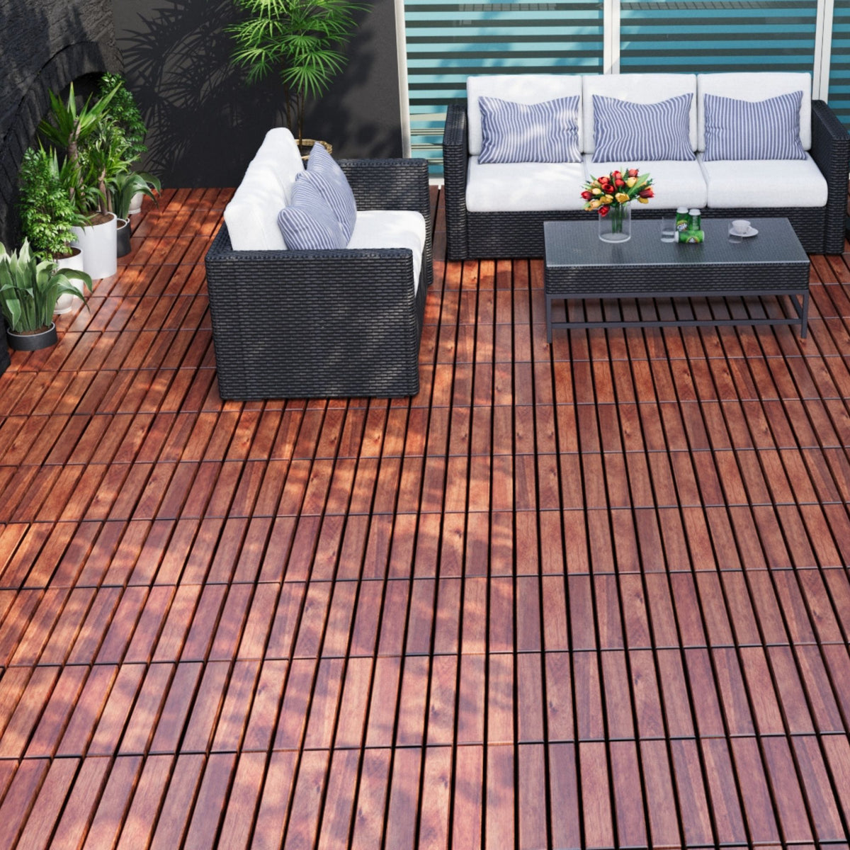 Interlocking acacia wood deck tiles with striped pattern by Anthony & Home, 12-inch size, ideal for outdoor patio or balcony.