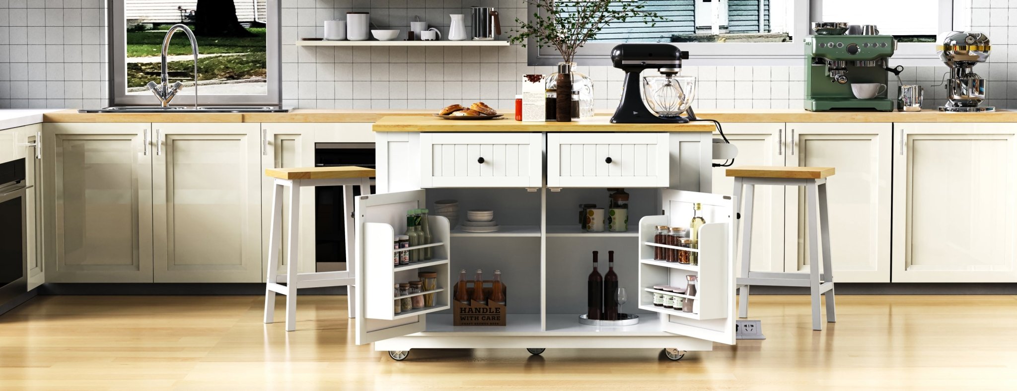 White Anthony & Home Kitchen Island from the Atelier Collection with storage cabinets and a spacious countertop.