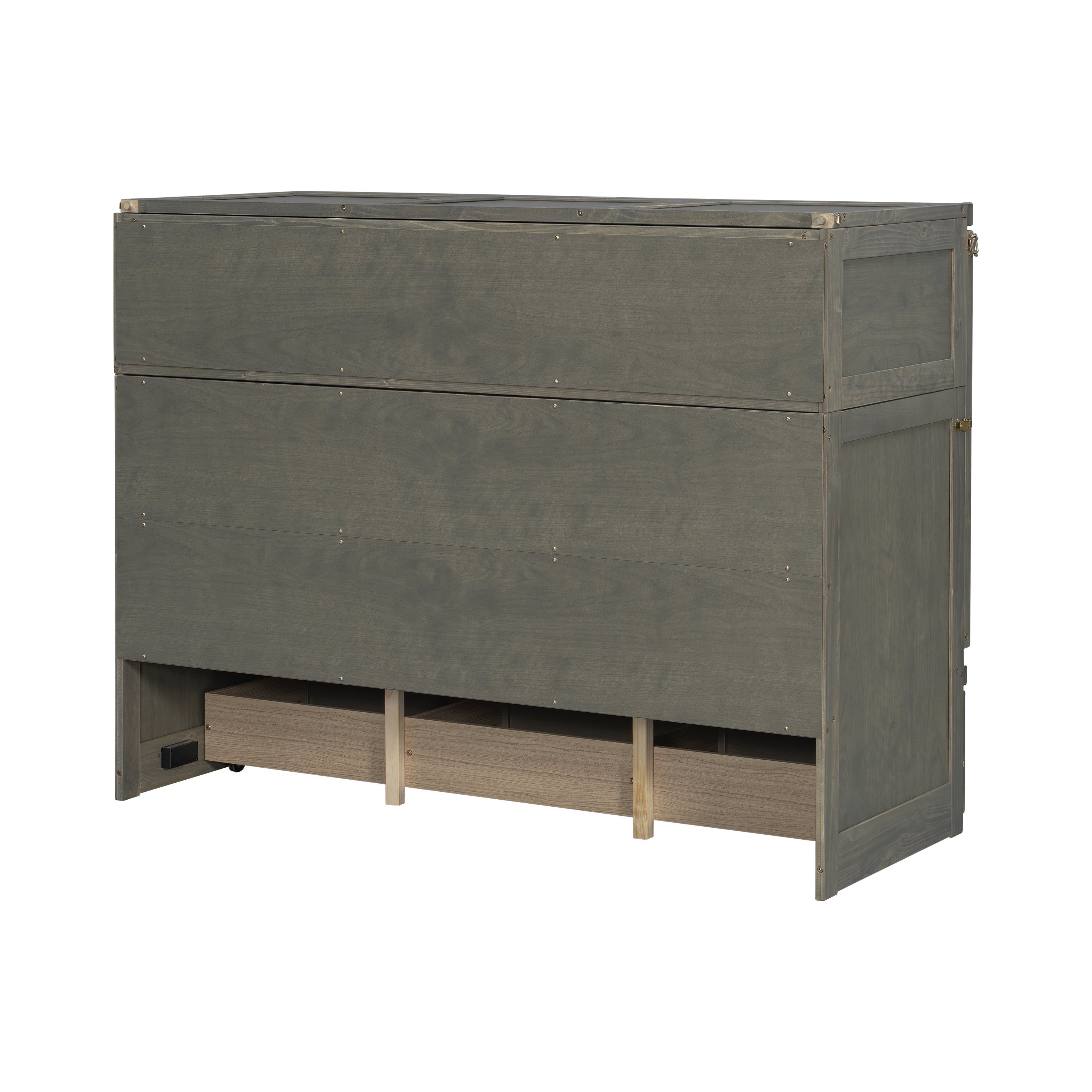 Queen Murphy bed in grey pine cabinet with geometric panel, USB charging, from Anthony & Home Studio Collection.