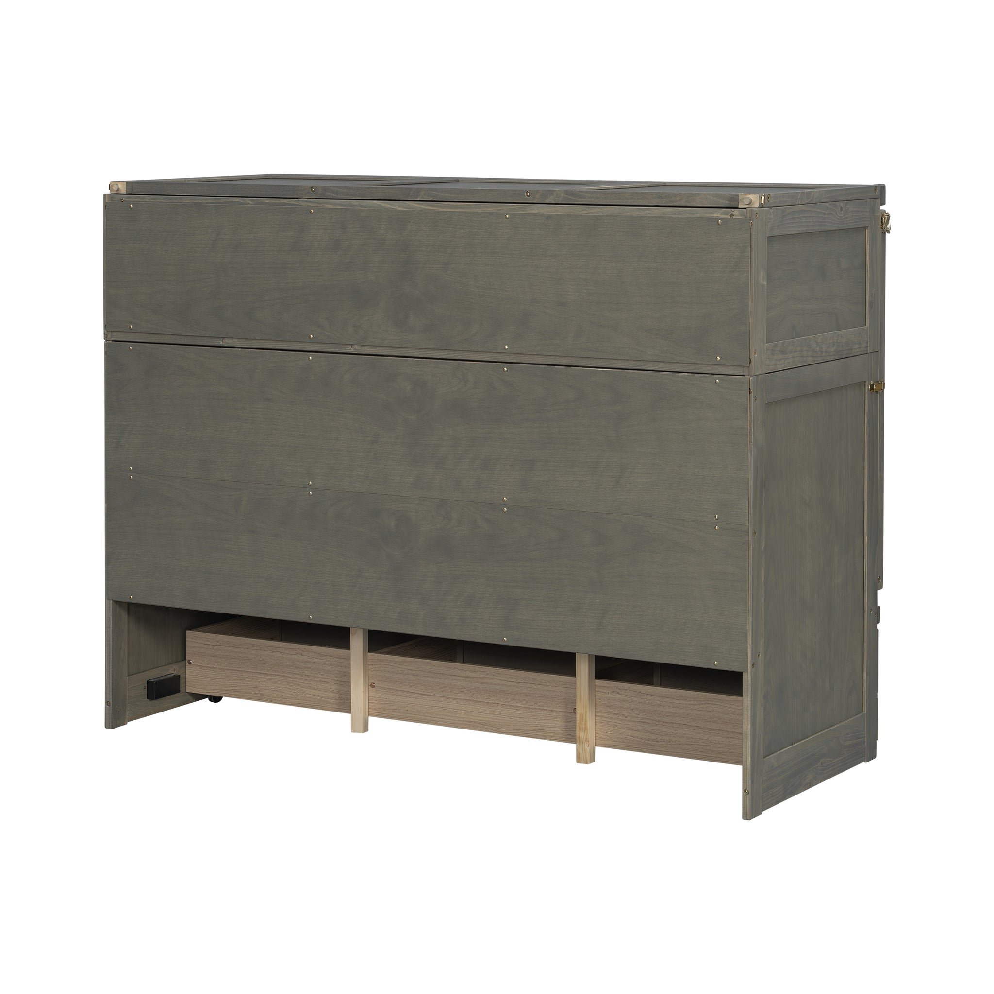 Queen Murphy bed in grey pine cabinet with geometric panel, USB charging, from Anthony & Home Studio Collection.