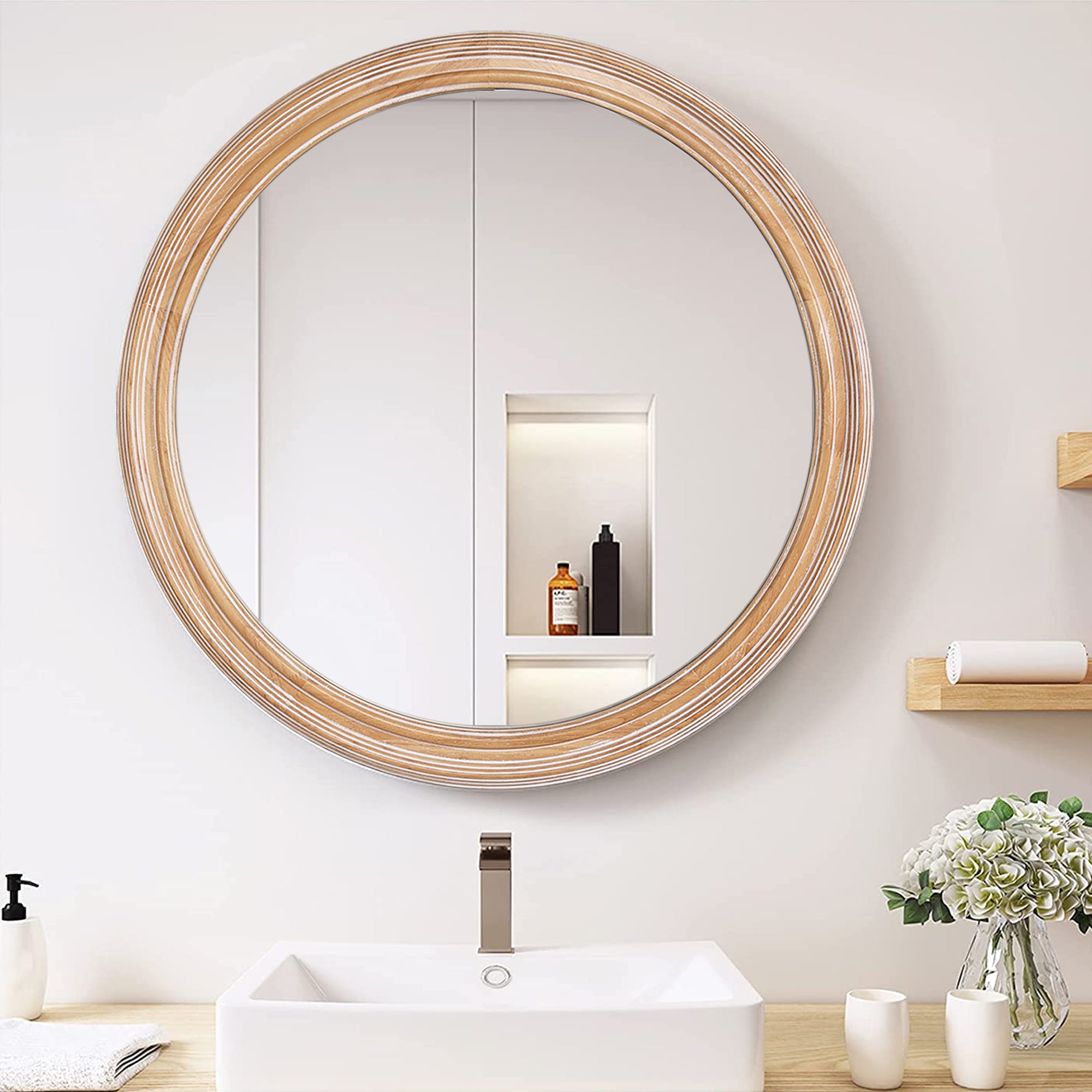Antique whitewash wood and metal round wall mirror from Anthony & Home Heritage Collection, 27.56 inches diameter.