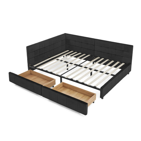 Mid Century Velvet Upholstered Tufted Full Size Storage Bed Frame With Backrest And Armrests Black Exclusive