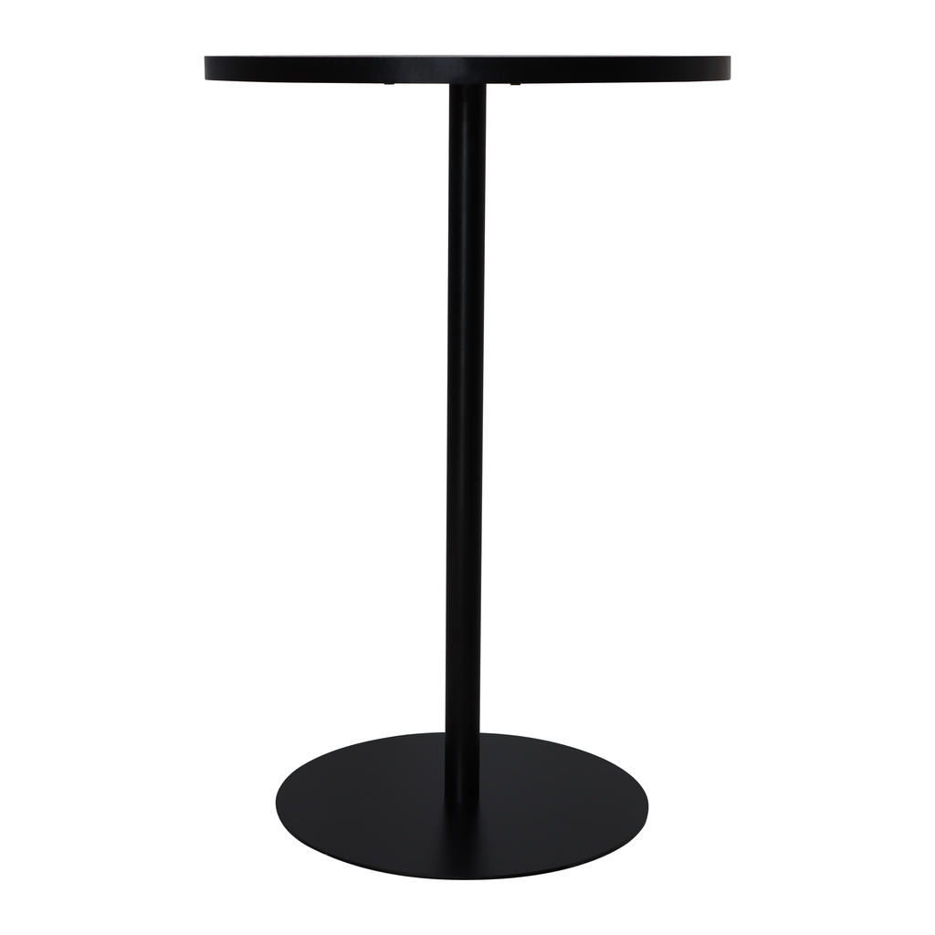 Set of two walnut round side tables with black metal pedestal bases featuring a concentric design from Anthony & Home Atelier Collection.