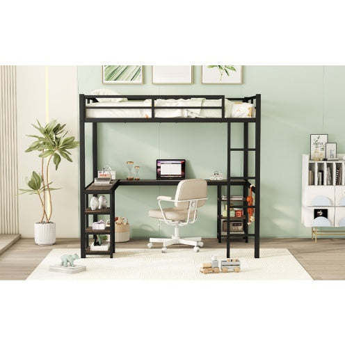Full Metal Loft Bed With Desk Shelves And Ladder Guardrails