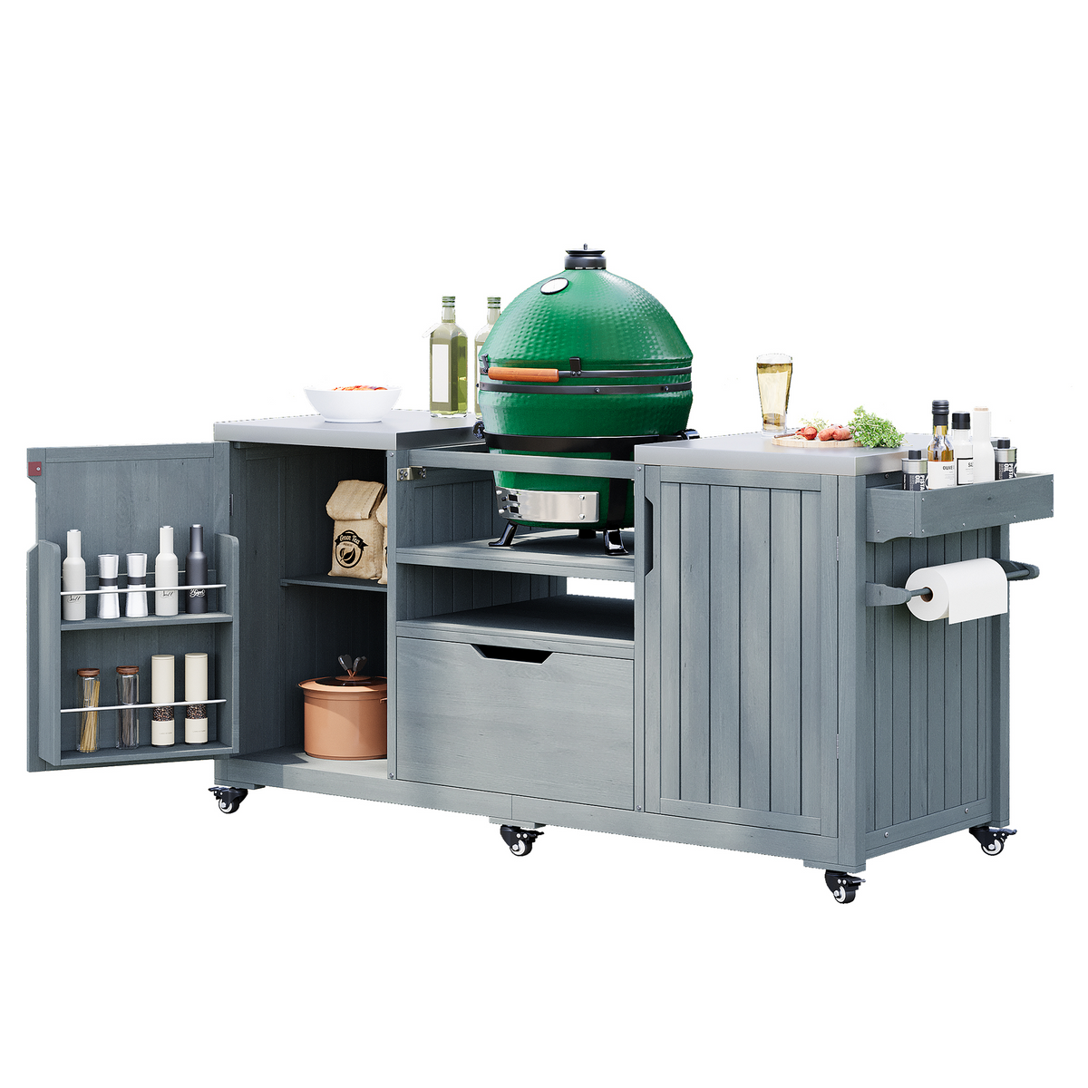 Anthony & Home solid wood outdoor kitchen island with storage for Big Green Egg studio, featuring a sturdy design and natural wood finish.