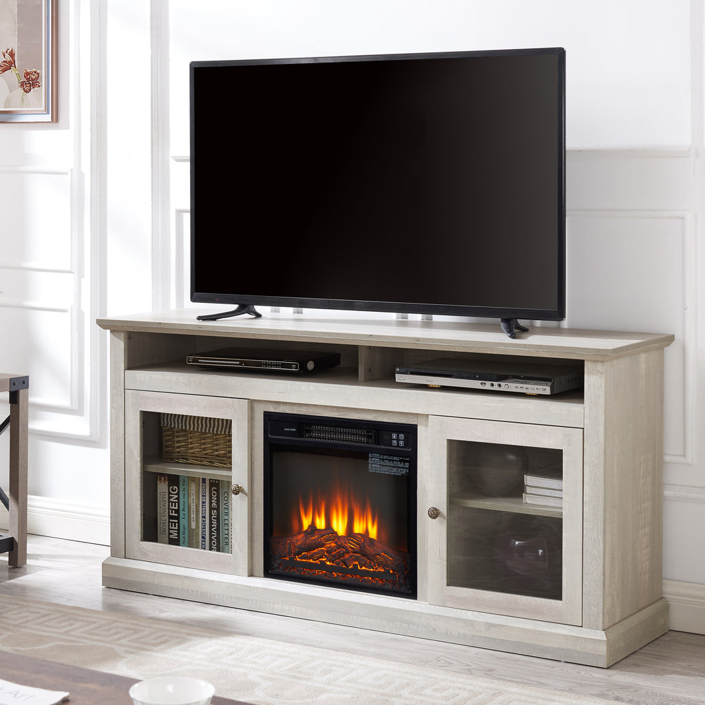 Stone gray finish Anthony & Home studio TV media console with built-in fireplace, modern design, and spacious storage.
