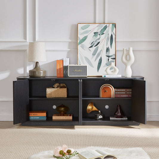 Black wood sideboard with wave pattern design, Anthony & Home TV stand with sleek storage for living room decor.