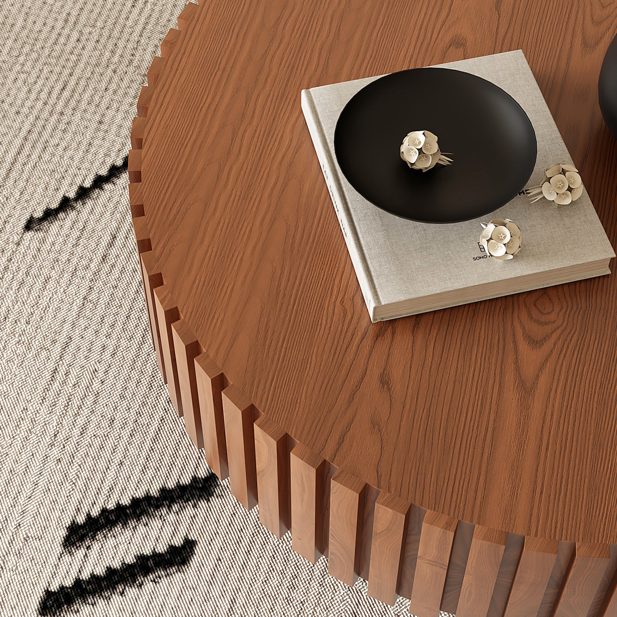 Round lacquered wood coffee table with pedestal base from Anthony & Home Atelier, featuring a smooth, polished surface and elegant design.