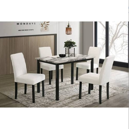 White Wool Chairs and Faux Marble Table 5pc Dining Set