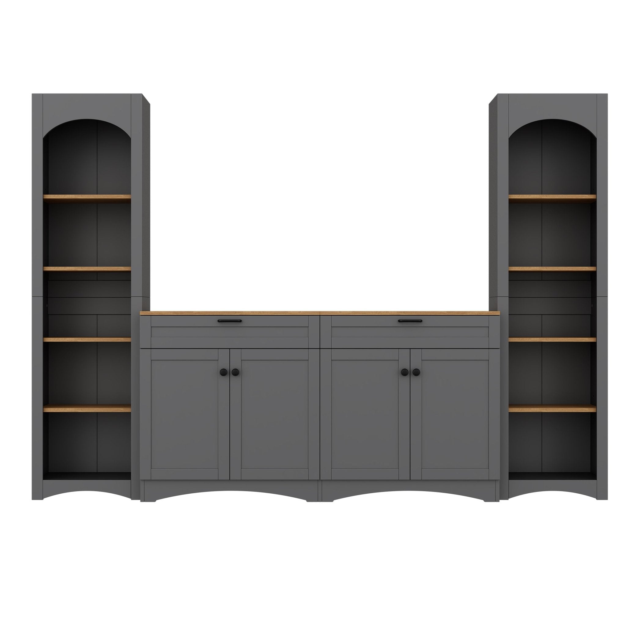 Grey veneer entertainment console with adjustable shelves by Anthony & Home, showcasing a sleek modern design and storage space.