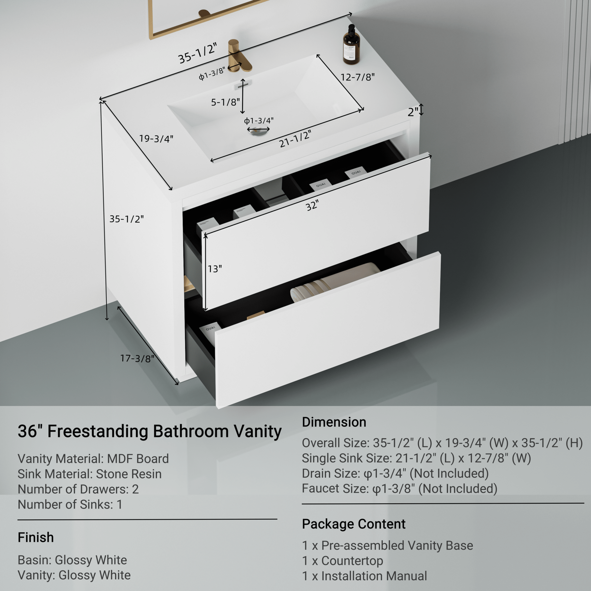 Anthony & Home bathroom vanity with stone resin countertop and integrated sink, modern design and sleek storage options.
