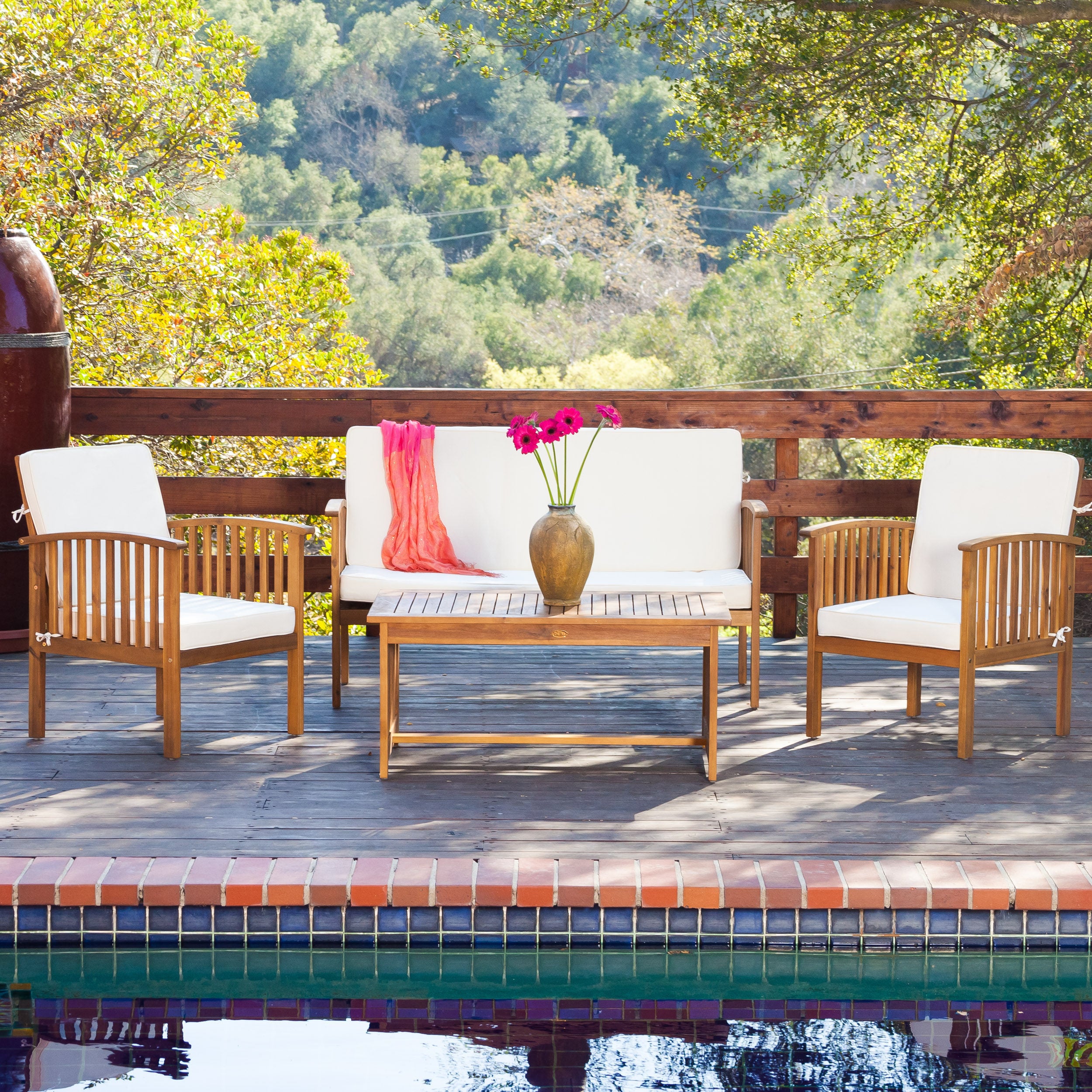 Anthony & Home acacia wood outdoor chat set with water-resistant cushions, featuring a stylish patio furniture arrangement.