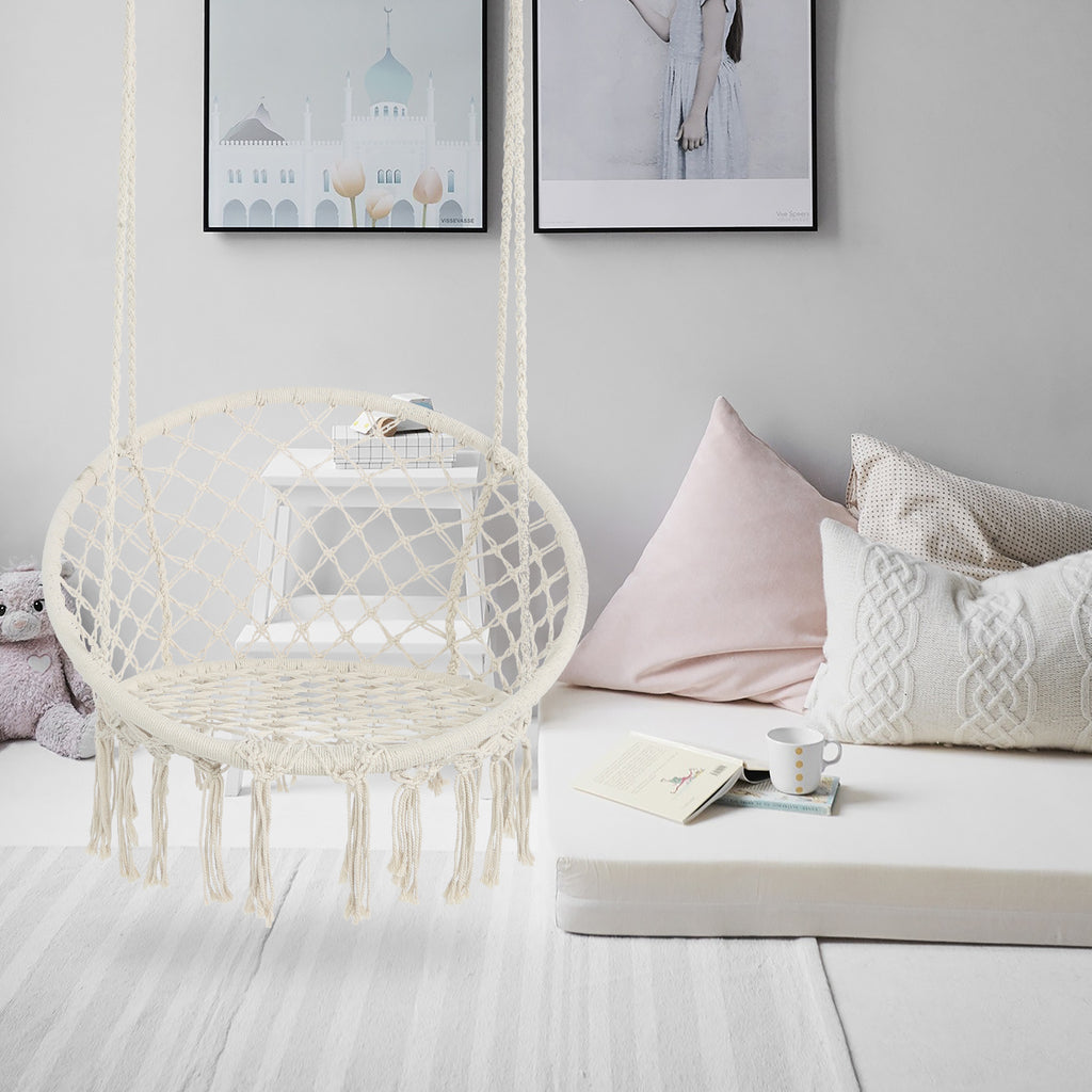 Anthony & Home Atelier macrame hammock chair in luxe cotton rope, suitable for indoor and outdoor use with 330 lb capacity.