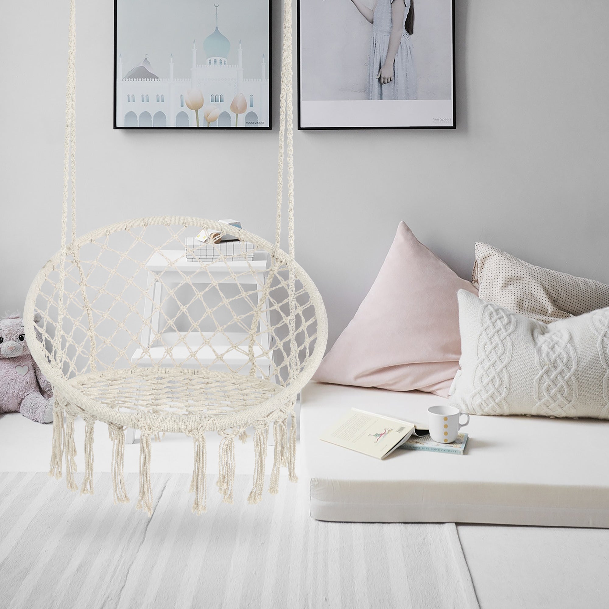Anthony & Home Atelier macrame hammock chair in luxe cotton rope, suitable for indoor and outdoor use with 330 lb capacity.