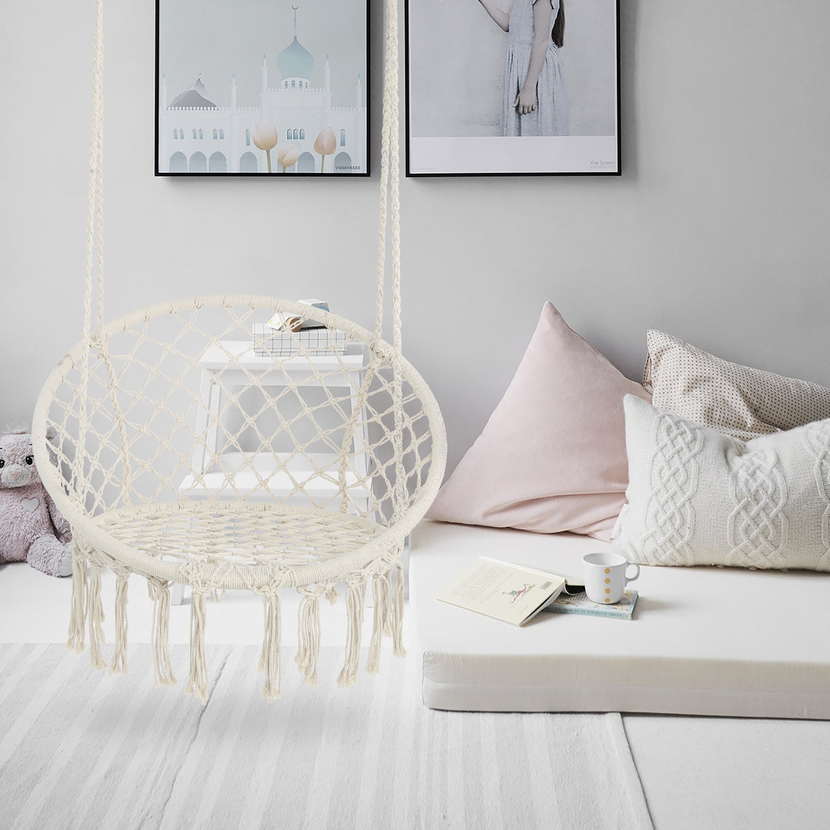 Anthony & Home Atelier macrame hammock chair in luxe cotton rope, suitable for indoor and outdoor use with 330 lb capacity.