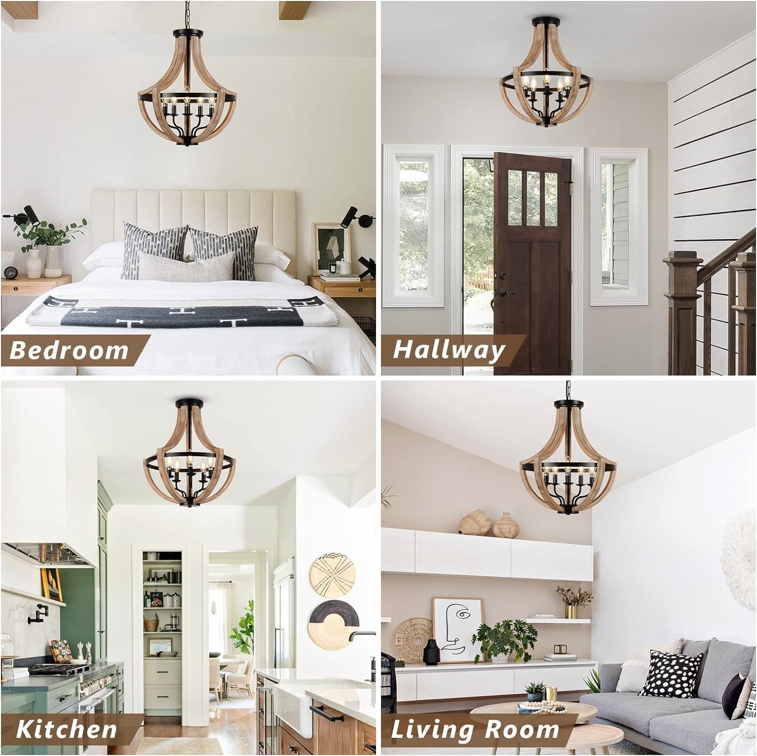 Solid Wood Farmhouse Chandelier Adjustable Dining Room Brown
