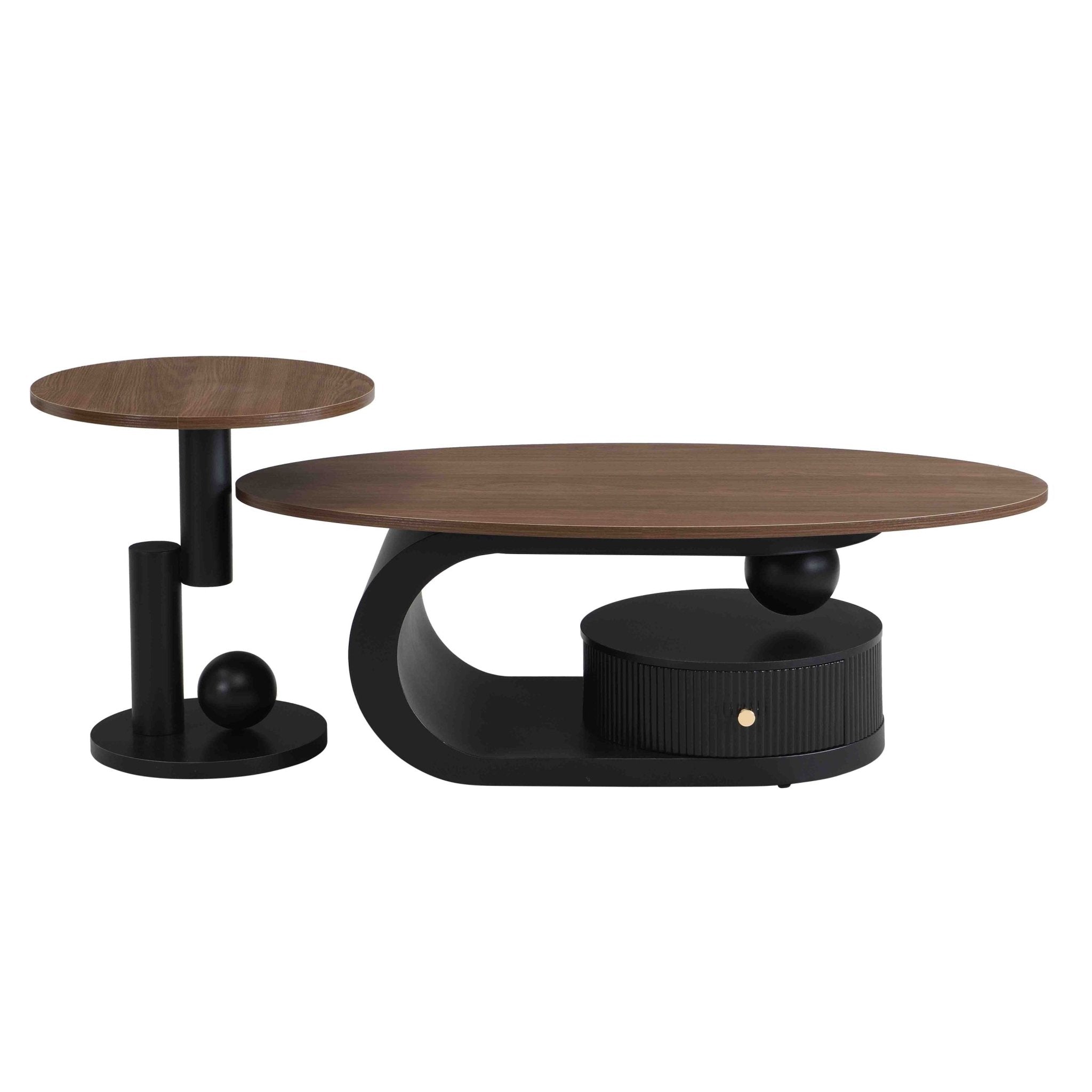 Anthony & Home black iron frame nesting coffee tables set with natural wood tops, two-piece design, modern and stylish living room furniture