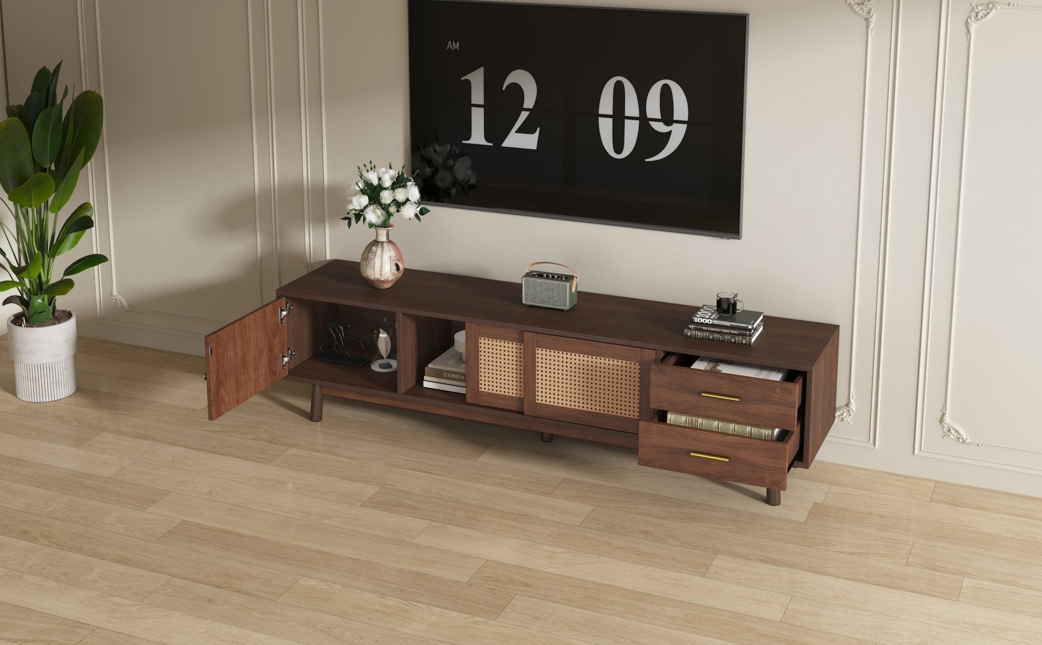 Dark brown solid wood Heritage Collection TV stand by Anthony & Home with sleek design and ample storage.