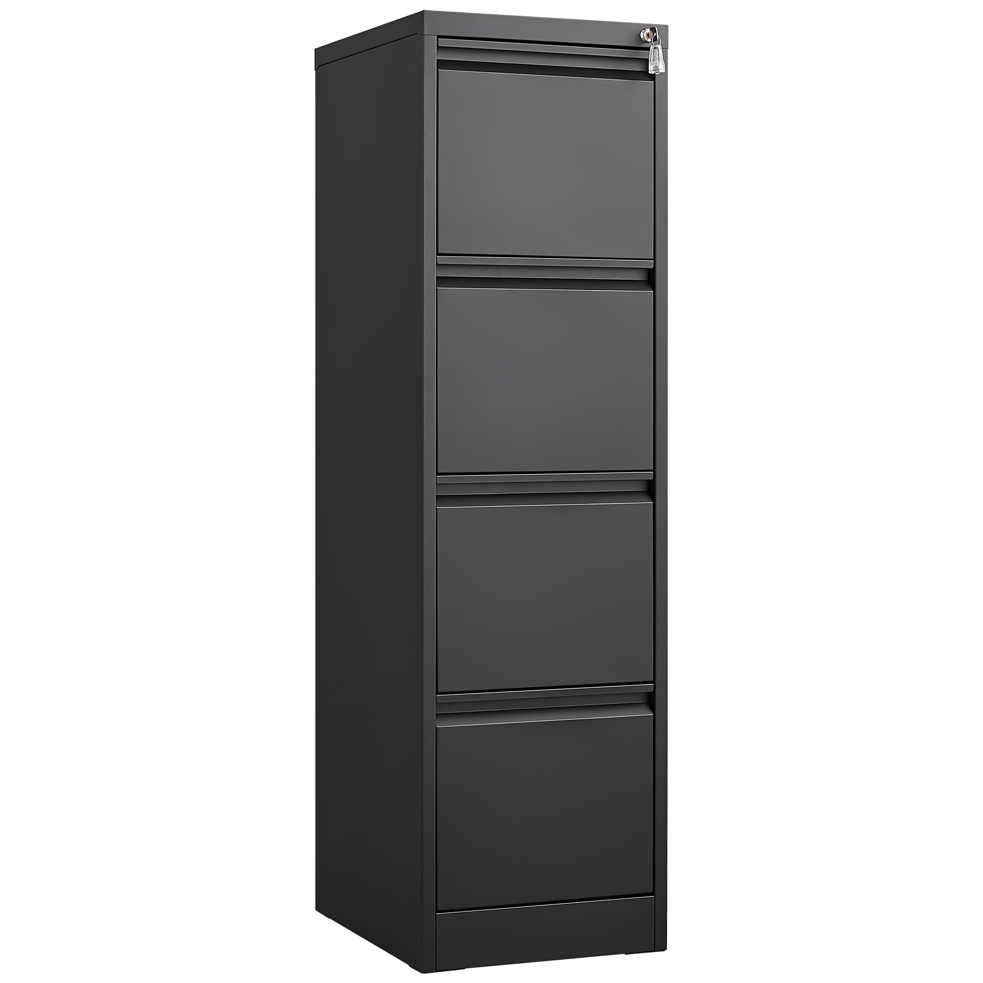 Black steel Elite 4-drawer vertical file cabinet with lock by Anthony & Home, showing sturdy drawers and secure locking mechanism.